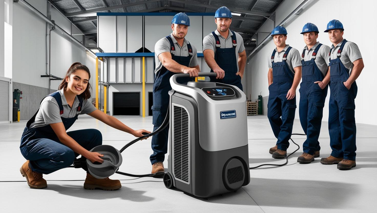 Team of workers demonstrating industrial Air Scrubbers in a clean factory setting Team of workers demonstrating industrial Air Scrubbers in a clean factory setting